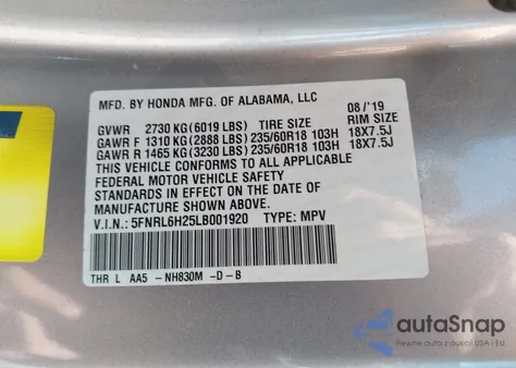 2020 Honda Odyssey Lx z USA, uszkodzony, nr VIN 5FNRL6H25LB001920